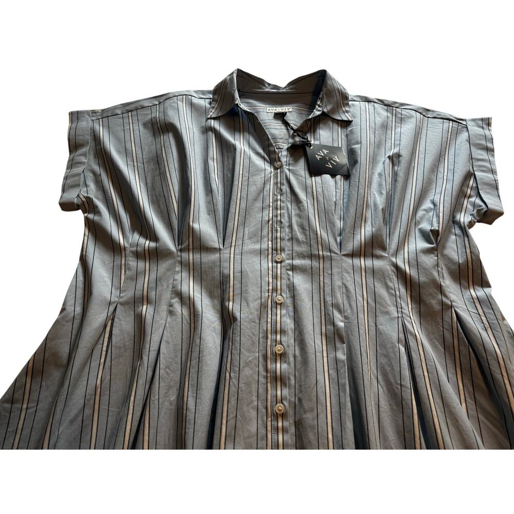 Blue Pinstriped pattern Shirt Dress Side pockets stand up collar V-neck Pleated - Picture 2 of 12